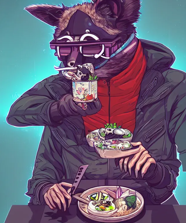 Image similar to a portrait of an anthropomorphic cyberpunk raccoon eating sushi, cyberpunk!, fantasy, elegant, digital painting, artstation, concept art, matte, sharp focus, illustration, art by josan gonzalez