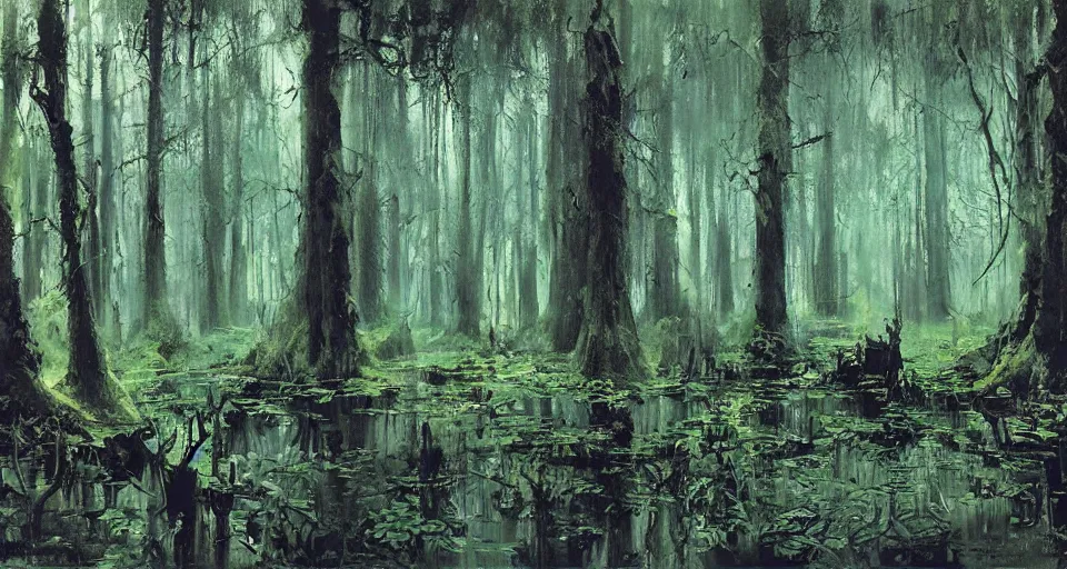 Image similar to A dense and dark enchanted forest with a swamp, by John Berkey