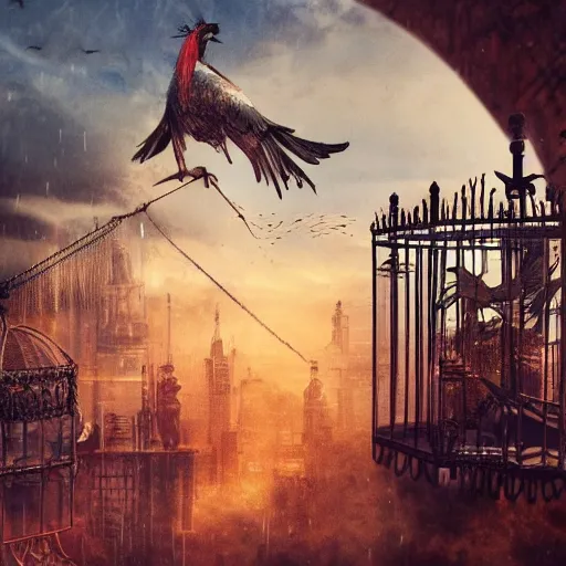 Prompt: intricate cage with bird of paradise steampunk, matte painting, cinematic, epic composition, detailed, atmospheric, wide angle, artstation trending