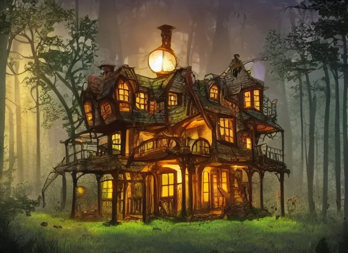 Prompt: house in a clearing in the middle of the forest, beautifully lit, steampunk, children book