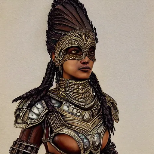 Image similar to portrait of a brown woman wearing an armor made of mother of pearl. sheen and shimmer. super intricate. photorealistic. award winning