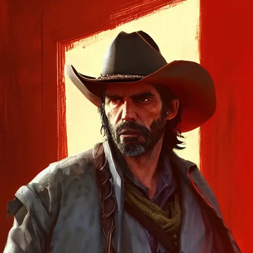 Prompt: portrait of a man with a long duster, grey hair and a cowboy hat, greek origin, harsh good looking face, drawn by ruan jia, fantasy art, red dead redemption, django, town background, dramatic lighting, digital art, 8 k, extremely detailed