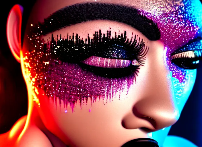 Prompt: a streetwear mixed woman wearing thick mascara, crying, a city on fire in the background, police lights shine on her face, tattoos, dark glitter makeup, Cinestill 50d, 4k, 8k, hd, full color, octane render, trending on artstation, highly detailed, bokeh