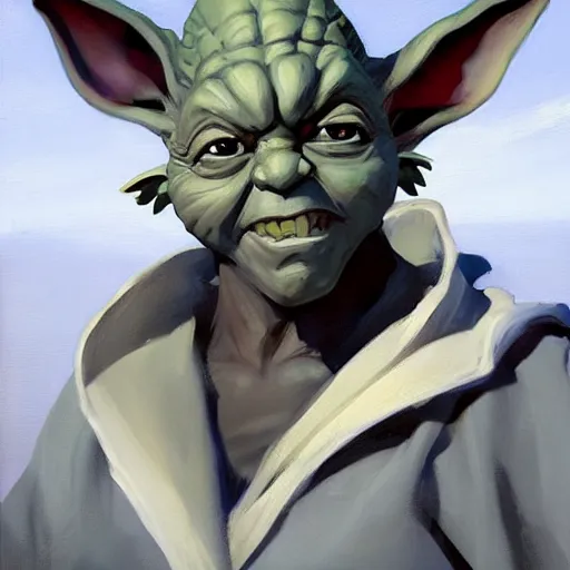 Image similar to greg manchess portrait painting of evil yoda as overwatch character, medium shot, asymmetrical, profile picture, organic painting, sunny day, matte painting, bold shapes, hard edges, street art, trending on artstation, by huang guangjian and gil elvgren and sachin teng