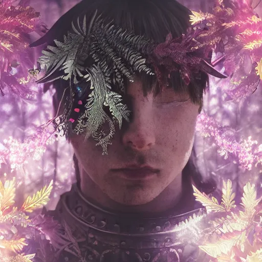 Image similar to a male knight, stern face, clear eyes, in a dark forest, shining armour made of steel and flowers, and fractal flowery hair in a fractal garden, glowing delicate flower, berries and ferns that grow in a dark fantasy forest, clear face, peaceful face, half figure shot,