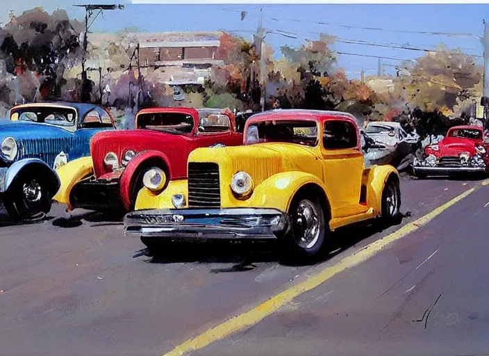 Prompt: 5 hotrods driving down a street , vintage, highly detailed, loose brush strokes, by John Berkey