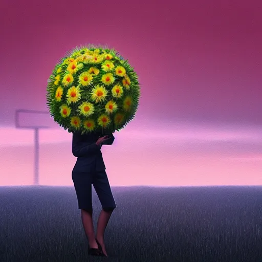 Prompt: giant daisy flower head, frontal, a girl in suit, surreal photography, sunrise, dramatic light, impressionist painting, digital painting, artstation, simon stalenhag