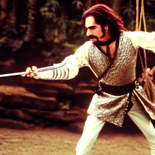 Prompt: inigo montoya swinging his sword photo realistic 4 k, extremely high quality