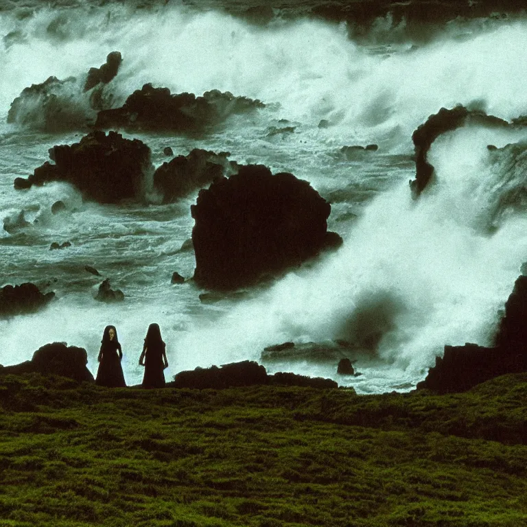 Image similar to dark and moody 1 9 7 0's artistic technicolor spaghetti western film, a large huge group of women in a giant billowing wide long flowing waving white dresses, standing inside a green mossy irish rocky scenic landscape, crashing waves and sea foam, volumetric lighting, backlit, moody, atmospheric, fog, extremely windy, soft focus