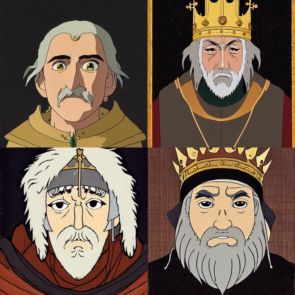 Prompt: portrait of a medieval old king, art by studio ghibli, 8 k