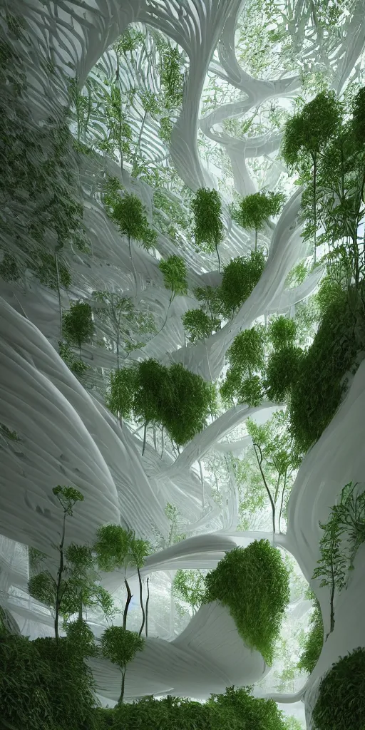 Prompt: “Hyper realistic,interior design,organic form,plaster, green,transparency, view of forest,Future design,architecture design,parametric architecture,covers by textile,environment,morning light,Cinematography,mega scans,cinematic,hyper realistic,photo real,cinematic composition,highly detailed,vray,8k render, extremely realistic”