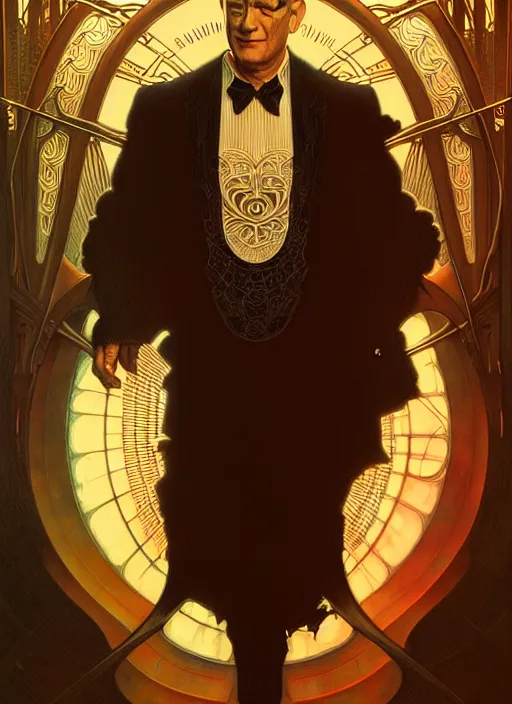 Image similar to portrait of tom hanks, volumetric lights, feast, music notes, art nouveau botanicals, gothic, intricate, highly detailed, digital painting, artstation, concept art, smooth, sharp focus, symmetric face, illustration, steampunk, art by artgerm and greg rutkowski and alphonse mucha