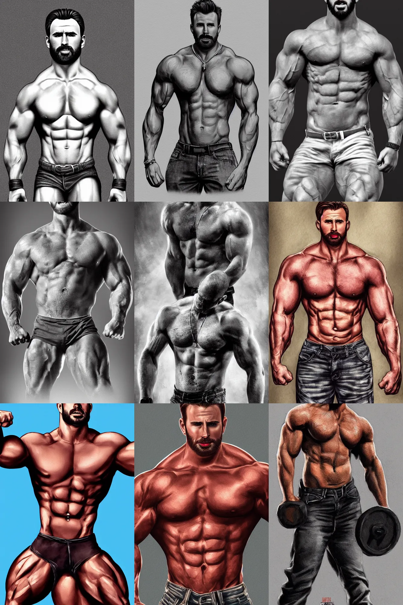 Prompt: chris evans as a bodybuilder, masculine, muscular, handsome, powerful, hairy torso, 4 k hd artstation