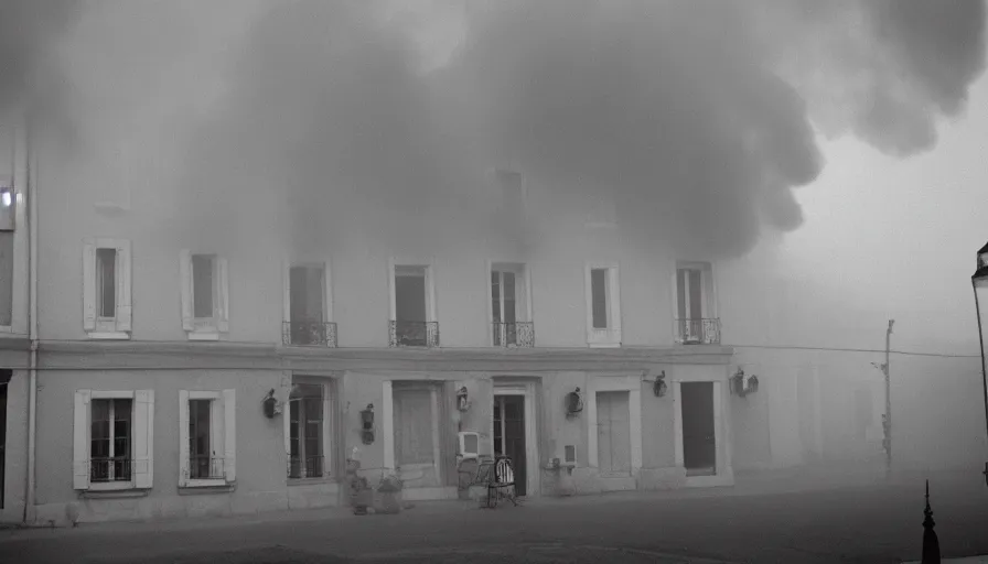 Prompt: 1 9 7 0 s movie still of a heavy burning french style townhouse in a small french village fog, cinestill 8 0 0 t 3 5 mm, heavy grain, high quality, high detail, dramatic light, anamorphic, flares