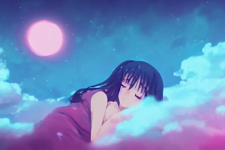 Image similar to a cute anime girl sleeping on a cloud, misty, glows, digital art, hazy, foggy, ambient lighting, 8 k, neon, synthwave,