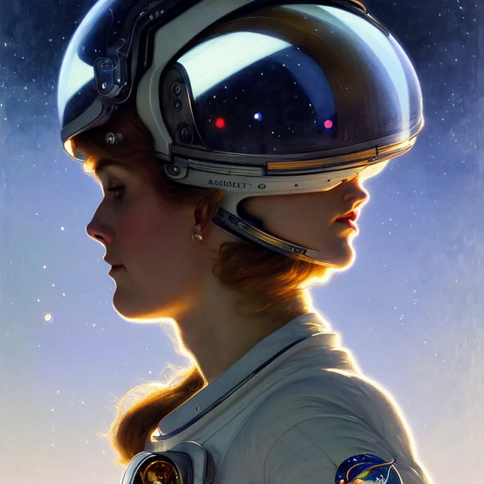 Image similar to astronaut with reflections on visor, diffuse lighting, fantasy, intricate, elegant, highly detailed, lifelike, photorealistic, digital painting, artstation, illustration, concept art, smooth, sharp focus, art by John Collier and Albert Aublet and Krenz Cushart and Artem Demura and Alphonse Mucha