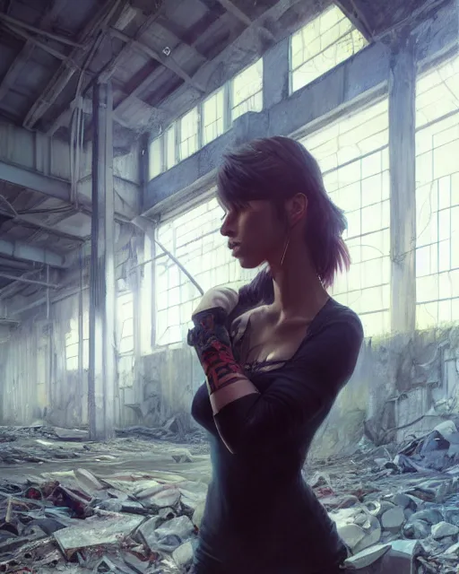 Prompt: daniel gerhartz and artgerm portrait digital chiaroscuro painting of a beautiful woman wearing streetwear clothing, abandoned warehouse interior in the background, unreal engine, hyper realism, realistic shading, cinematic composition, realistic render, octane render, detailed textures, photorealistic, ultrawide shot, 3 5 mm film