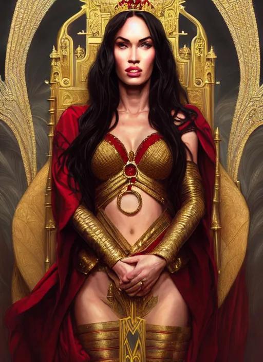 Image similar to portrait of megan fox as a queen, throne, jewelry, greek, ruby, intricate, headshot, highly detailed, digital painting, artstation, concept art, sharp focus, cinematic lighting, illustration, art by artgerm and greg rutkowski, alphonse mucha, cgsociety