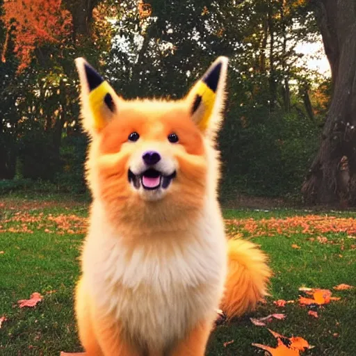 Image similar to real life pokemon cute adorable chunky playful fluffy happy cheeky mischievous ultra realistic autumn golden hour sharp focus