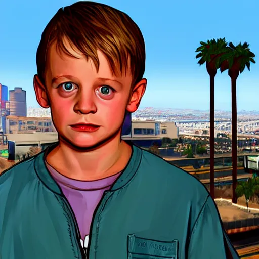 Prompt: Kevin McCallister in GTA V . Los Santos in the background, palm trees. In the art style of Stephen Bliss.