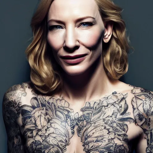 Image similar to high resolution portrait of cate blanchett with full body tattoo , highly detailed, photorealistic, 4k