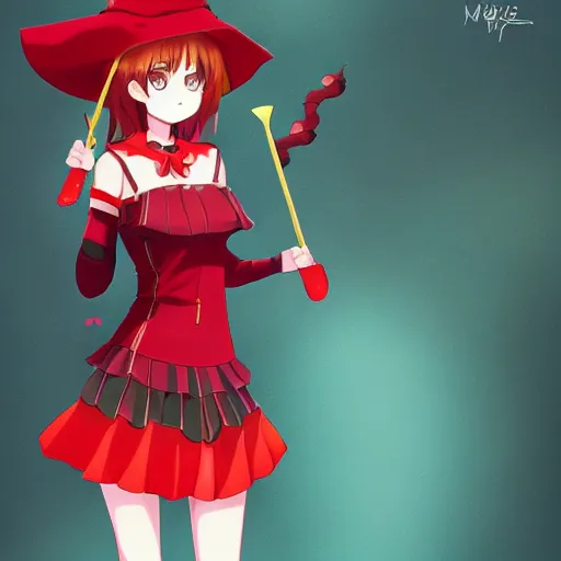 Prompt: Megumin witch hat red clothes holding staff vibrant colors, trending on pixiv, digital art, anime, trending on artstation