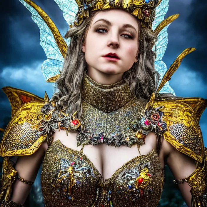 Image similar to full length photo of a very beautiful!! fairy queen with ornate sparkling armour, highly detailed, 4 k, hdr, smooth, sharp focus, high resolution, award - winning photo