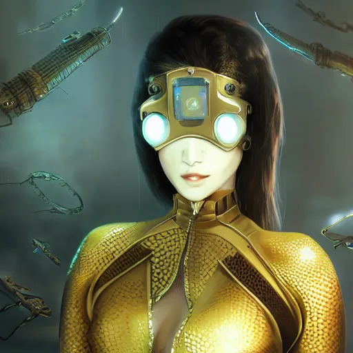 Prompt: concept art of asian female supermodel with robotic mask. steampunk vr googles. futuristic tokyo. anime and manga. comic style. artstation concept art, matte painting. ambient and neonoir mood. intricate details and golden filigree with dragon scales. cinematic light and volumetric fog
