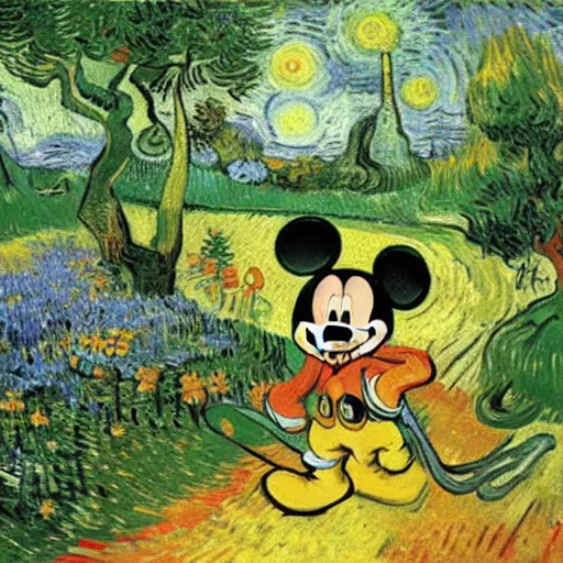 Image similar to mickey mouse entering the garden of eden, oil painting by van gogh, masterpiece