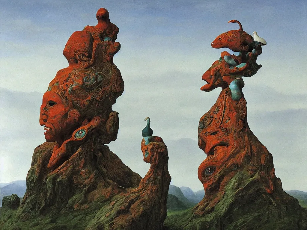 Image similar to Albino mystic with his back turned, looking in the distance in the mountains at giant totemic archaic sculpture mask sculpted temple from Lapis Lazuli with beautiful exotic dove. Painting by Jan van Eyck, Beksinski, Audubon, Rene Magritte, Agnes Pelton, Max Ernst, Walton Ford