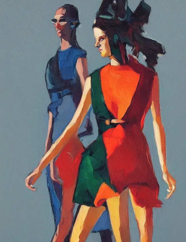 Image similar to runway fashion. this heavily stylized oil painting by the award - winning comic artist has interesting color contrasts, plenty of details and impeccable lighting.