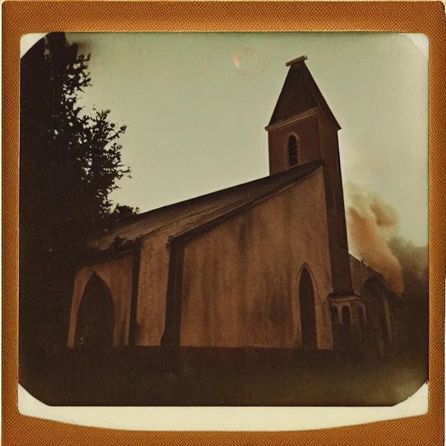 Image similar to very beautiful grainy and gritty polaroid photo of a church on fire