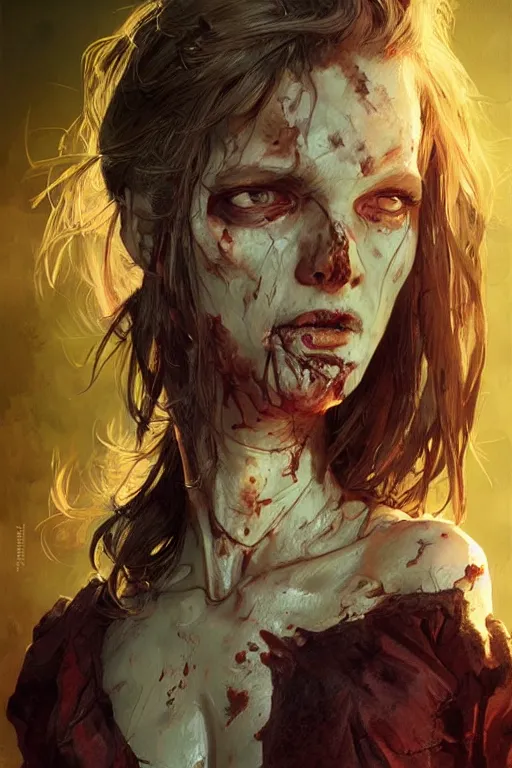 Prompt: portrait of walking dead zombie by terry o'neill intricate, elegant, highly detailed, digital painting, glowing skin, artstation, concept art, soft, sharp focus, bright lighting, illustration, art by artgerm and greg rutkowski and alphonse mucha, beautiful