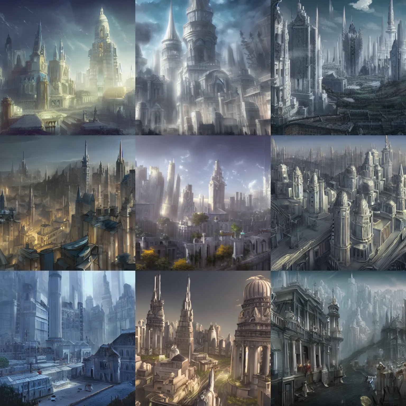 Image similar to fantasy city, white marble buildings, high towers, landscape mode, artstation, anime, high realism, 8k