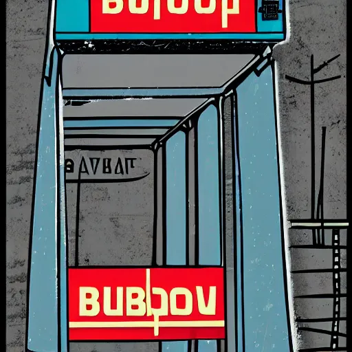 Image similar to soviet brutalist bus stop, in the style of daniel johnston and outsider art, 8k, line brush, overlaid with soviet adverts