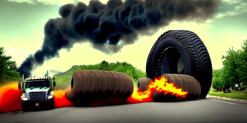 Image similar to A huge truck tire monster is rolling down the village destroying everything on its way. Dramatic, cinematic shot