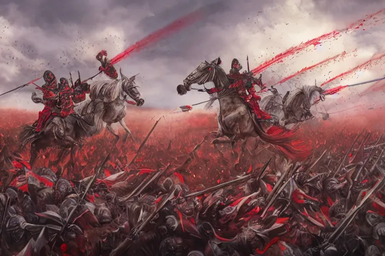 Image similar to Majestic powerfull red white Winged Hussars cavalry horde charging at ugly rainbow demons and trolls on ground, huge golden cross above them on the sky, white red eagle helping hussars, blood, snow, wide angle, professional kodak lenses, magic, fire, face painting, dramatic lighting, intricate, wild, highly detailed, digital painting, artstation, concept art, smooth, sharp focus, illustration, art by artgerm and greg rutkowski and alphonse mucha, footage from space camera