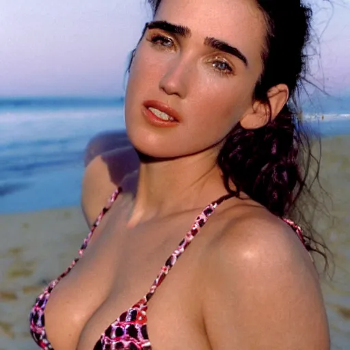 Image similar to Portrait Photography, medium closeup of young jennifer connelly poses in 2 Piece Mini Micro Push Up Swimsuits at summer beach, confident pose, fierce expression at sunset