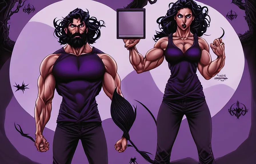 Image similar to a chad with wavy black hair and a beard. muscular. godlike. tank top. using a computer, comic cover art, artgerm, joshua middleton, pretty stella maeve witch doing black magic, serious look, purple dress, symmetrical eyes, symmetrical face, long black hair, full body, twisted evil dark forest in the background, cool colors