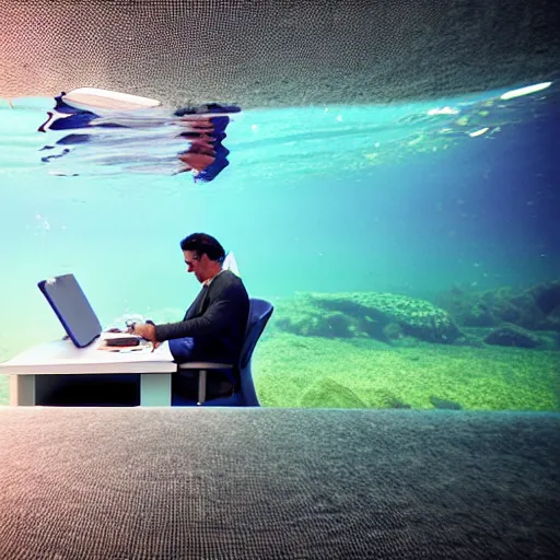 Image similar to photo of someone underwater working at an office desk, cinematic