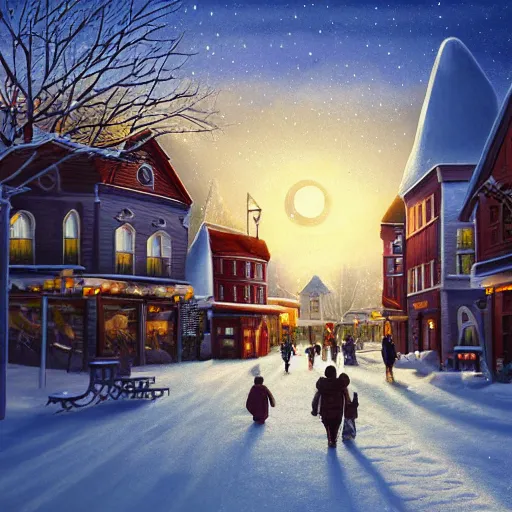 Image similar to winter town centre inspired by Evgeny Lushpin, Peter Zumthor,bus,people walking winter sunset,full moon,p