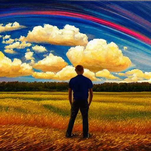 Image similar to a man standing in a open field with a rift in the sky, wide angle shot, hd, intricate detail, painting