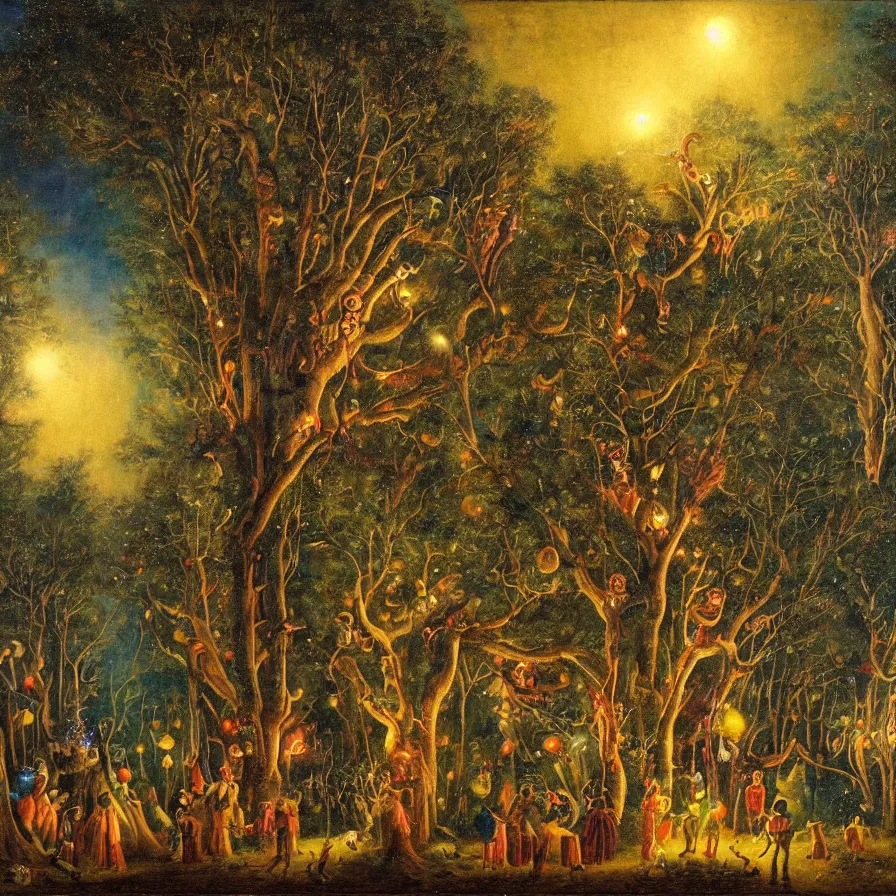 Image similar to a night carnival around a magical tree cavity, with a surreal orange moonlight and fireworks in the background, next to a lake with iridiscent water, christmas lights, folklore animals and people disguised as fantastic creatures in a magical forest by summer night, masterpiece painted by jean - baptiste perronneau, dark night environment