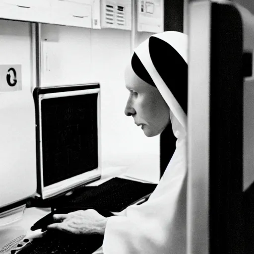 Prompt: award - winning photograph of a nun hunched over a computer while she hacks into the mainframe