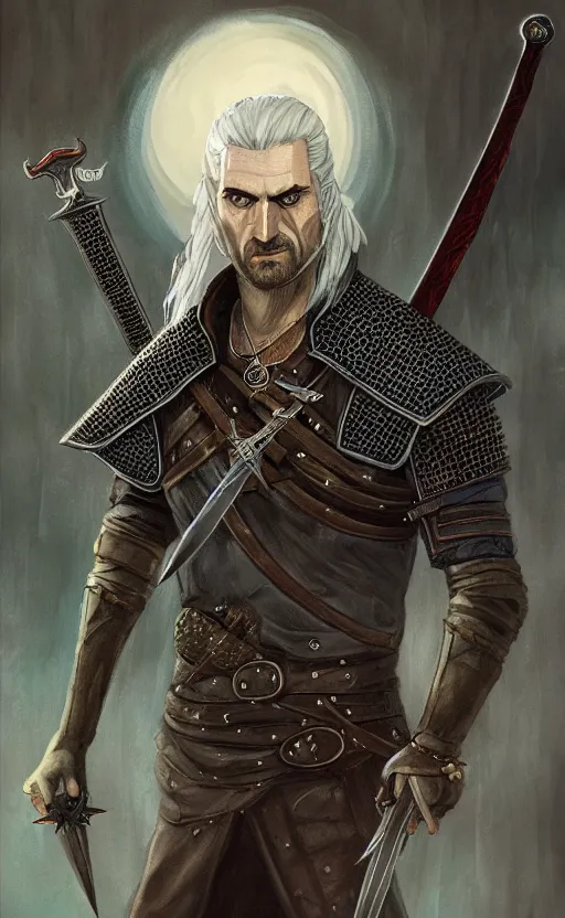 Image similar to an oil drawing of a witcher vampire with great sword in his hand, a character portrait by muggur, disco elysium character, featured on deviantart, fantasy art, concept art, official art, hd mod