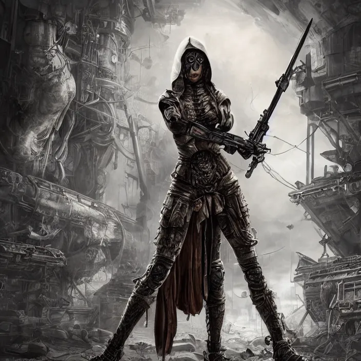 Image similar to apocalyptic woman in hood standing in hall of machinery and weaponry, hyper - detailed, smooth, sharp focus, 4 k ultra hd, fantasy dark art