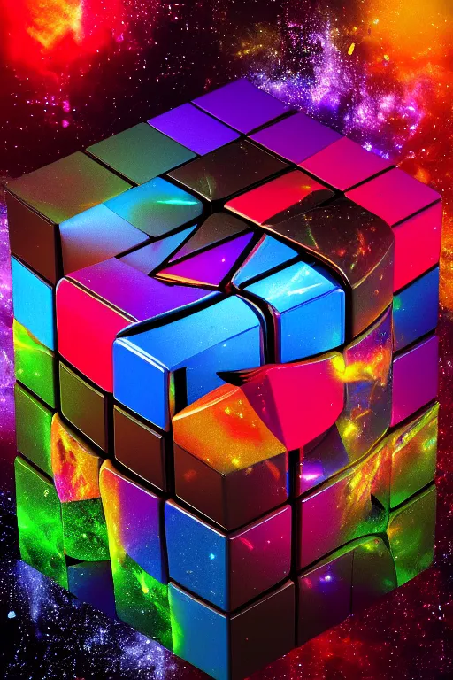 Prompt: four dimensional cosmic rubik's cube hypercube tesseract with wormholes, energy and galaxies around it. epic, dramatic, cinematic, digital art, octane render, blender, 8 k, hyperrealistic, trending on artstation