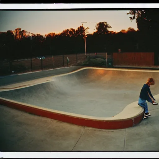 Image similar to a 1 9 9 0's photograph of a skatepark in a small town at dusk, polaroid, candid photography