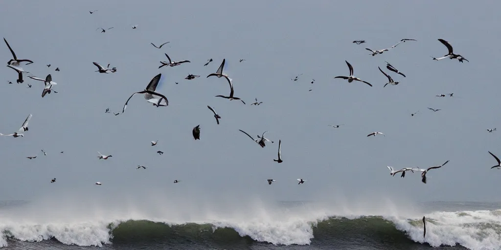 Prompt: seagulls flying above a rough surf