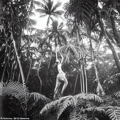 Image similar to a rizom lost film footage of a ( ( ( ( ( ( ( ( sphere ) ) ) ) ) ) ) ) in the middle of the tropical jungle / tropicalism / film still / cinematic / enhanced / 1 9 2 0 s / black and white / grain